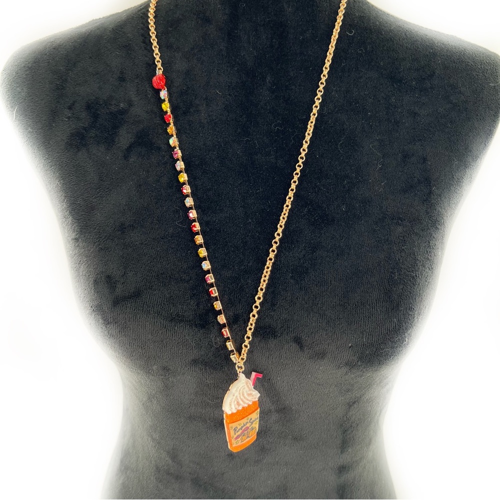 Betsey Johnson Pumpkin Spice Latte Cup Glitter Acrylic Necklace 30" NEW!
